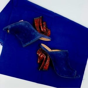 Tory Burch shoe size 5.5 navy brown suede tortoiseshell horses peep toe mules